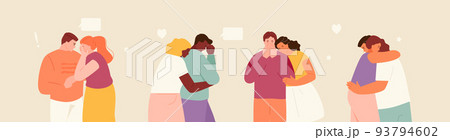 People comforting their friends. Love and care, psychological support, empathy and hugs. Vector illustration People comforting their friends. Love and care, psychological support, empathy and hugs. Vector illustration 93794602