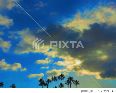 Dark clouds gather over a group of isolated palm trees 93794913
