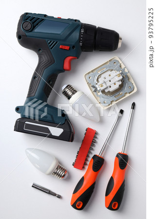 Concept of electrician or electrical tools, top view Concept of electrician or electrical tools, top view 93795225