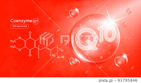 Drop water coenzyme Q10 red and structure. Vitamin complex with Chemical formula from nature. Beauty treatment nutrition skin care design. 93795846