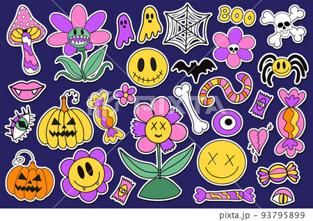 Groovy halloween stickers set in retro 70s style. Psychedelic collection of hippie design elements. The power of monster flowers.  93795899