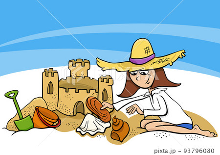 cartoon girl and sand castle on the beach on summer holidays cartoon girl and sand castle on the beach on summer holidays 93796080