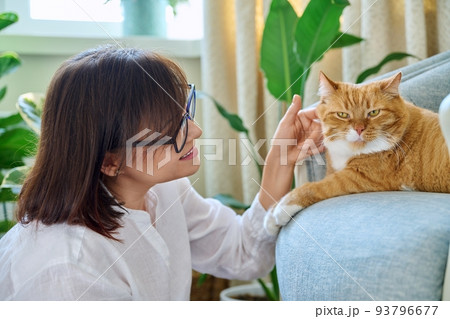 Middle aged woman talking with ginger pet cat, home interior background 93796677