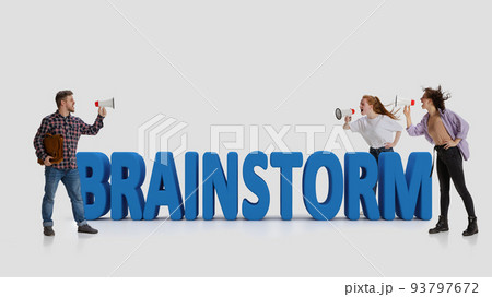 Collage. Young people, employees shouting in megaphone, active working process. Making decisions. 3D word of brainstorming Collage. Young people, employees shouting in megaphone, active working process. Making decisions. 3D word of brainstorming 93797672