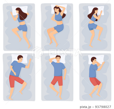 Woman and man sleep in different poses. People in pajamas sleeping on beds. Vector illustration 93798027