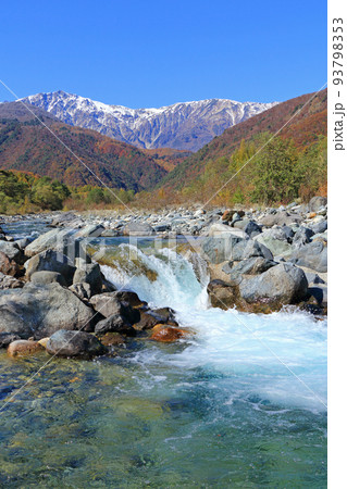 信州白馬　冠雪した白馬岳と三段染めの紅葉 93798353