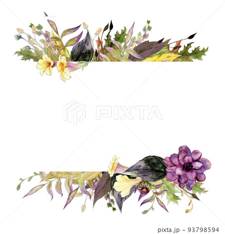 Watercolor frame arrangement with hand drawn autumn petunia and dahlia flowers, branches and leaves. Isolated on white background. Design for invitations, wedding, greeting cards, wallpaper, print 93798594