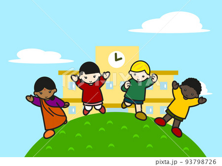 丘の上で校舎を背にたつ子供たち 93798726
