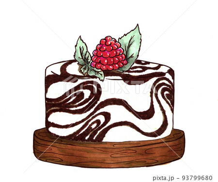 Marble cheesecake with raspberries on a wooden stand. Hand drawn cupcake. Alcohol markers. 93799680