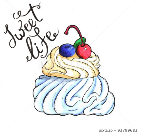 Sweet delicious meringue with whipped cream and blueberries and cherries. Drawn by hand with alcohol markers. Sweet delicious meringue with whipped cream and blueberries and cherries. Drawn by hand with alcohol markers. 93799683