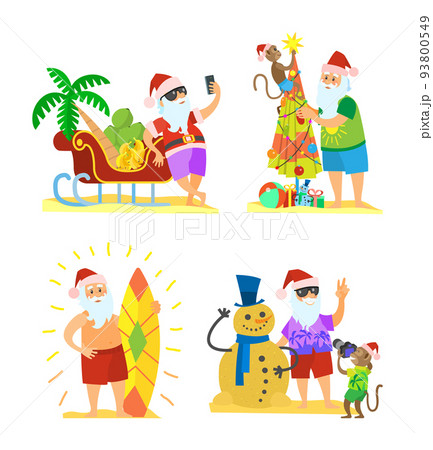 Santa Claus and Monkey Decorating Umbrella Snowman 93800549