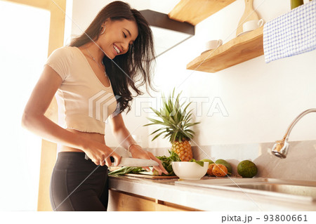 Fitness Food. Healthy Eating Woman On Diet Cutting Fresh Fruit For Breakfast 93800661