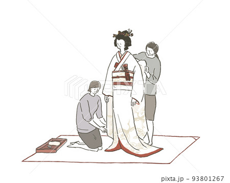 花嫁の着付けをする2人の女性、白無垢、花嫁衣装、（衣裳敷、いしょうじきあり） 93801267