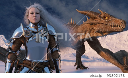 White haired female warrior knight stands with a drawn sword and a dragon behind against the backdrop of snow capped mountains. Fantasy artwork scene. CGI animation 3d rendering White haired female warrior knight stands with a drawn sword and a dragon behind against the backdrop of snow capped mountains. Fantasy artwork scene. CGI animation 3d rendering 93802178