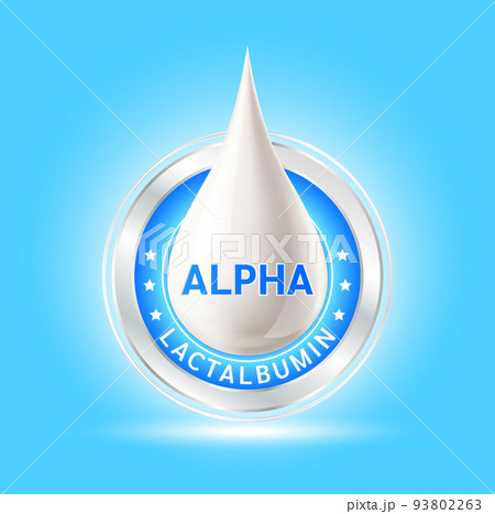 Alpha lactalbumin. Whey protein containing essential amino acids for infant. Design logo products kids food. Benefits of food improving heart, brain. Vector. 93802263