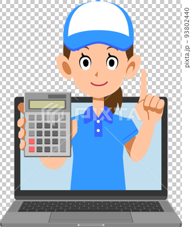 A woman wearing a blue cap and a polo shirt calculating online 93802440