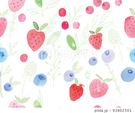 Seamless Pattern Of Strawberries And Blueberries With Green Leaves On A White Background 93802501