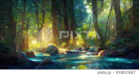 森の中の「小さな滝」を水彩で描きました やや幻想的な風景画
