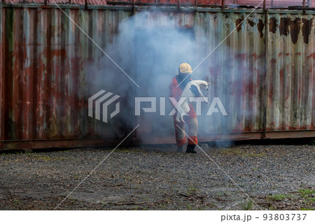 Firefighter to save dog in fire and smoke. 93803737