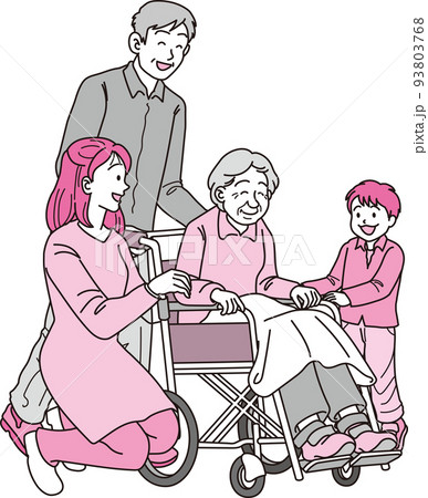 マゼンタブラック_車椅子の高齢者三世代家族_6人_車椅子の曽祖母_押す祖父_寄り添う若いママと男 93803768