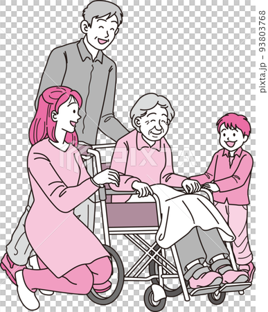 マゼンタブラック_車椅子の高齢者三世代家族_6人_車椅子の曽祖母_押す祖父_寄り添う若いママと男 93803768