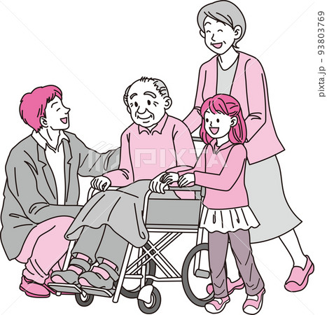 車椅子の高齢者三世代家族_6人_車椅子の曽祖父_押す祖母_寄り添う若いパパと女の子 93803769
