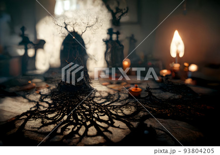 gloomy witchcraft sorcerer hideout with dark occult mood, neural network generated art 93804205