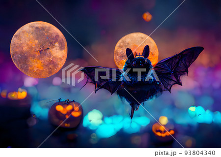 cute bat with pumpkins and moon on dark background, neural network generated image. 93804340