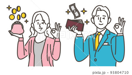 財布にお金が入って喜ぶ男女カップル、夫婦【ベクターイラスト素材】 93804710