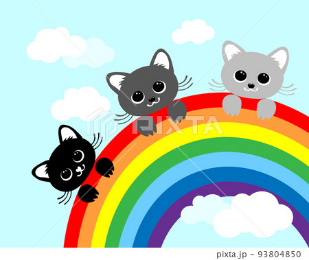 Cute cats on the rainbow against the sky with clouds. Print for children, postcard, vector 93804850