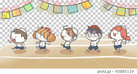 運動会で並んで入場する赤白帽をかぶったこどもたち 93805119