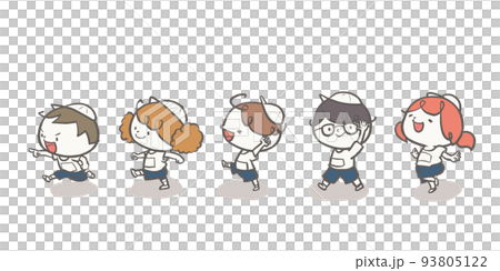 体育で並んで行進する赤白帽をかぶったこどもたち　白組バージョン 93805122