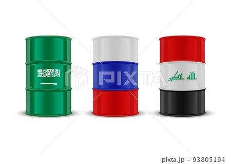 Saudi Arabia, Russia, Iraq Oil, Embargo Concept. Vector 3d Realistic Metal Enamel Oil Barrel Isolated. Crude, Oil Barrel Design Template 93805194