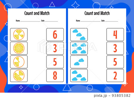 Count and match with the correct number. Matching education game. Count how many items and choose the correct number 93805382