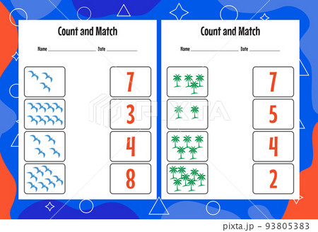 Count and match with the correct number. Matching education game. Count how many items and choose the correct number Count and match with the correct number. Matching education game. Count how many items and choose the correct number 93805383