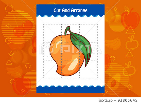 Cut and arrange with a fruit worksheet for kids. Educational game for children Cut and arrange with a fruit worksheet for kids. Educational game for children 93805645