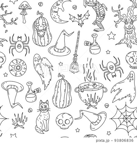 Line art Halloween Seamless Pattern on white background. Line art Halloween Seamless Pattern on white background. 93806836