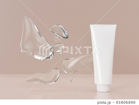White and blank, unbranded cosmetic cream tube with abstract water forms. Skin care product presentation on beige background. Luxury mockup. Tube with copy space. 3D rendering. 93806890