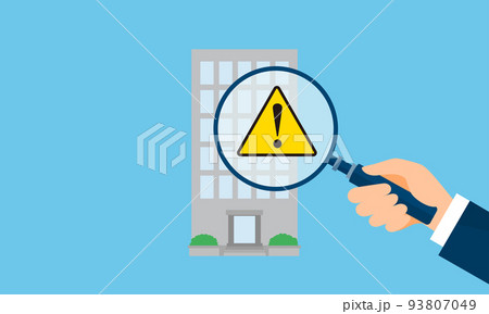 ビルと虫眼鏡を持つ手、アラートマークのイラスト、ベクター ビルと虫眼鏡を持つ手、アラートマークのイラスト、ベクター 93807049