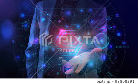 Blockchain and cryptocurrency virtual infographics on a man's palm 93808291