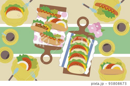 賑やかな春夏の食卓／家族団欒で食べる朝食の俯瞰イラスト／フラット 93808673