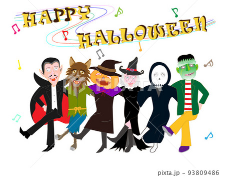音楽を演奏したり踊ったりしてハロウィンを祝うジャックオーランタンや狼男たち。 93809486