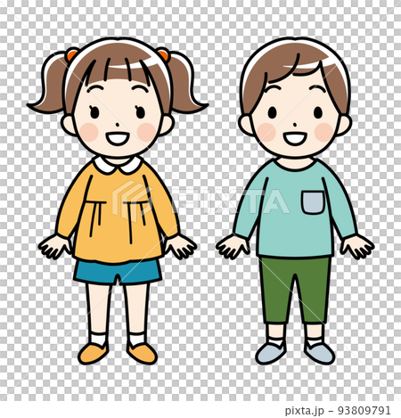 一個小女孩和一個表情明亮的男孩的插圖（長袖，彩色） 93809791