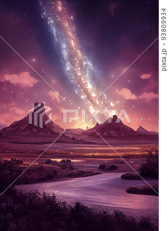 Illustration a beautiful milky way star and green aurora dancing over the mountain. Illustration a beautiful milky way star and green aurora dancing over the mountain. 93809934