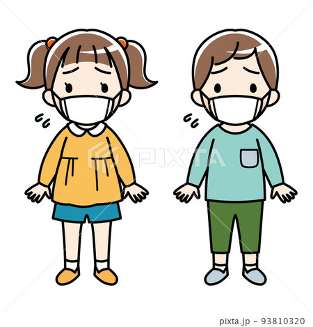 マスクをつけて不安・苦しそうな表情の小さな女の子と男の子のイラスト(長袖・カラー) マスクをつけて不安・苦しそうな表情の小さな女の子と男の子のイラスト(長袖・カラー) 93810320