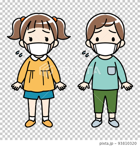 マスクをつけて不安・苦しそうな表情の小さな女の子と男の子のイラスト(長袖・カラー) マスクをつけて不安・苦しそうな表情の小さな女の子と男の子のイラスト(長袖・カラー) 93810320