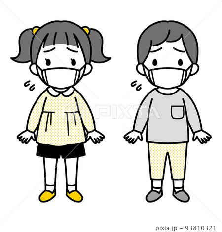 マスクをつけて不安・苦しそうな表情の小さな女の子と男の子のイラスト(長袖・シンプル) マスクをつけて不安・苦しそうな表情の小さな女の子と男の子のイラスト(長袖・シンプル) 93810321