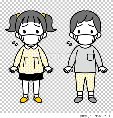 マスクをつけて不安・苦しそうな表情の小さな女の子と男の子のイラスト(長袖・シンプル) マスクをつけて不安・苦しそうな表情の小さな女の子と男の子のイラスト(長袖・シンプル) 93810321