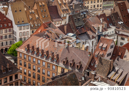 Strasbourgs roofs pattern from above gothic cathedral, Alsace, France 93810523