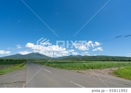 北海道、富良野市の一本道と富良野岳の風景 北海道、富良野市の一本道と富良野岳の風景 93811992